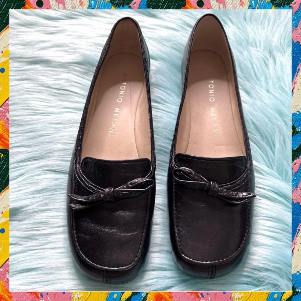 Antonio Melani 90s Black Soft LEATHER Loafers Slip On Bow Accent Women’s 7.5
